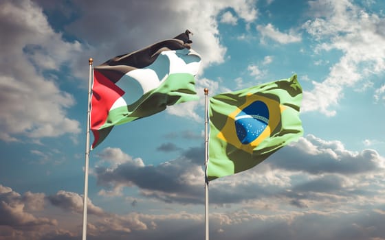 Beautiful national state flags of Palestine and Brasil together at the sky background. 3D artwork concept. 