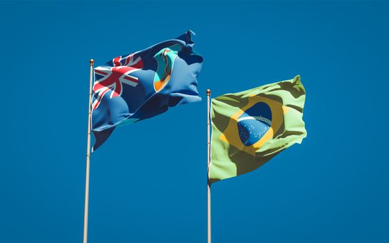 Beautiful national state flags of Montserrat and Brasil together at the sky background. 3D artwork concept. 