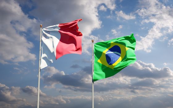 Beautiful national state flags of Malta and Brasil together at the sky background. 3D artwork concept. 