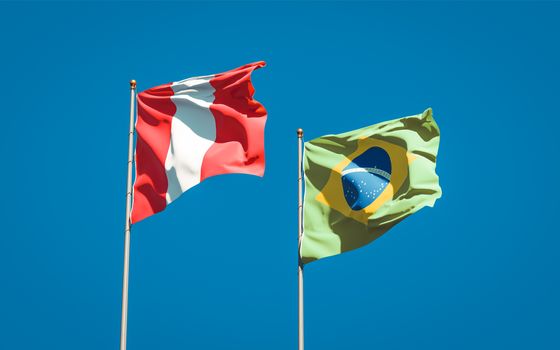 Beautiful national state flags of Peru and Brasil together at the sky background. 3D artwork concept. 