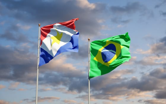 Beautiful national state flags of Saba and Brasil together at the sky background. 3D artwork concept. 