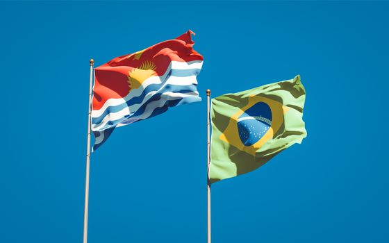 Beautiful national state flags of Kiribati and Brasil together at the sky background. 3D artwork concept. 