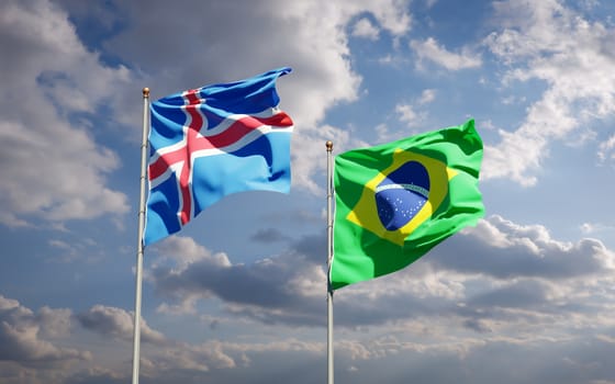 Beautiful national state flags of Iceland and Brasil together at the sky background. 3D artwork concept. 