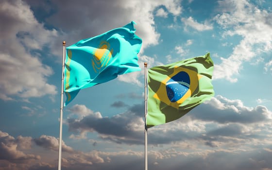 Beautiful national state flags of Kazakhstan and Brasil together at the sky background. 3D artwork concept. 