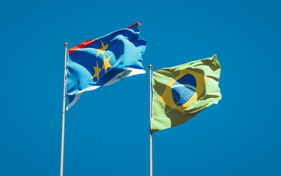 Beautiful national state flags of Vojvodina and Brasil together at the sky background. 3D artwork concept. 