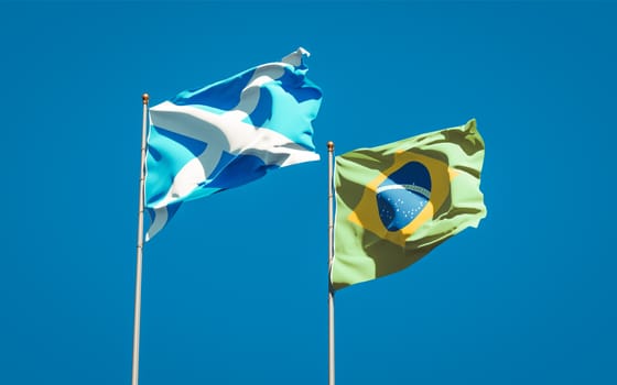 Beautiful national state flags of Scotland and Brasil together at the sky background. 3D artwork concept. 