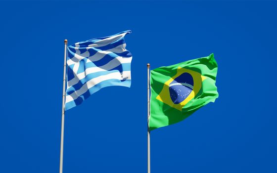 Beautiful national state flags of Greece and Brasil together at the sky background. 3D artwork concept. 