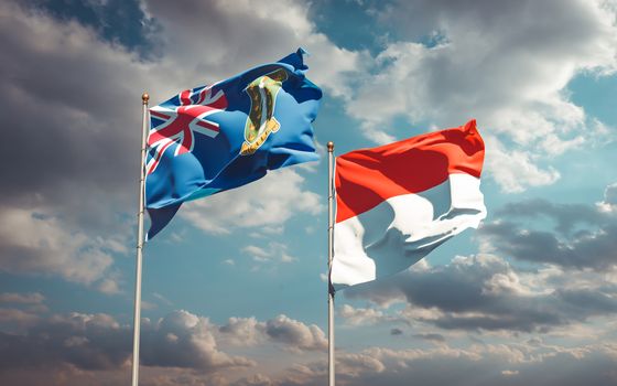 Beautiful national state flags of Indonesia and British Virgin Islands together at the sky background. 3D artwork concept. 