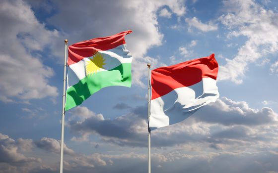 Beautiful national state flags of Kurdistan and Indonesia together at the sky background. 3D artwork concept. 