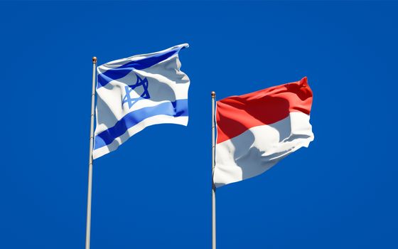 Beautiful national state flags of Israel and Indonesia together at the sky background. 3D artwork concept. 