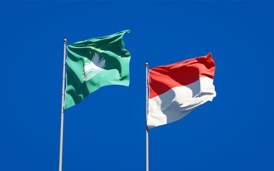 Beautiful national state flags of Macao and Indonesia together at the sky background. 3D artwork concept. 