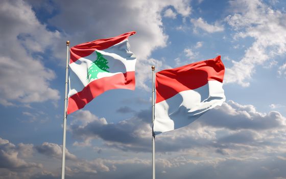 Beautiful national state flags of Lebanon and Indonesia together at the sky background. 3D artwork concept. 