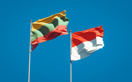 Beautiful national state flags of Lithuania and Indonesia together at the sky background. 3D artwork concept. 