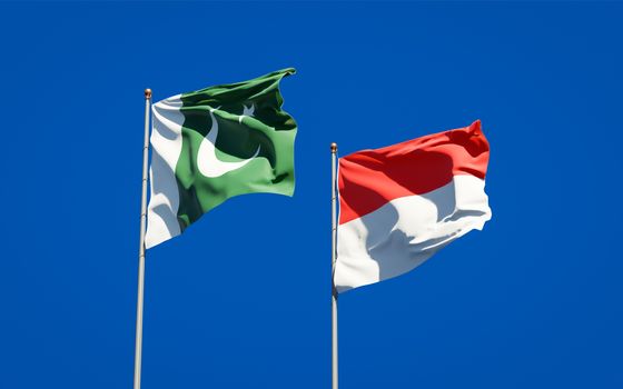 Beautiful national state flags of Pakistan and Indonesia together at the sky background. 3D artwork concept. 