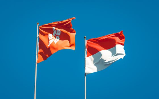 Beautiful national state flags of Hong Kong HK and Indonesia together at the sky background. 3D artwork concept. 
