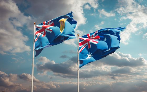 Beautiful national state flags of Turks and Caicos Islands and Australia together at the sky background. 3D artwork concept. 
