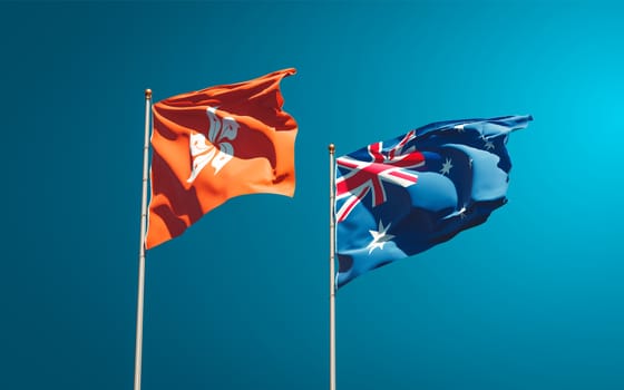 Beautiful national state flags of Hong Kong HK and Australia together at the sky background. 3D artwork concept. 