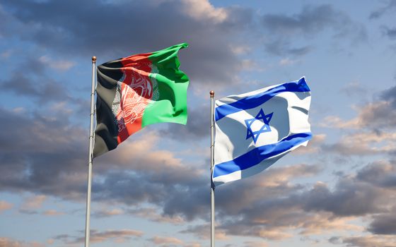 Beautiful national state flags of Israel and Afghanistan together at the sky background. 3D artwork concept.