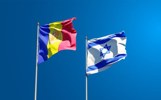 Beautiful national state flags of Israel and Andorra together at the sky background. 3D artwork concept.