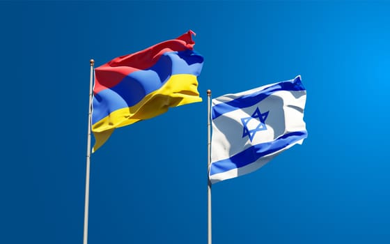 Beautiful national state flags of Israel and Armenia together at the sky background. 3D artwork concept.