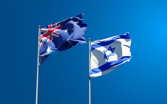 Beautiful national state flags of Israel and Australia together at the sky background. 3D artwork concept.