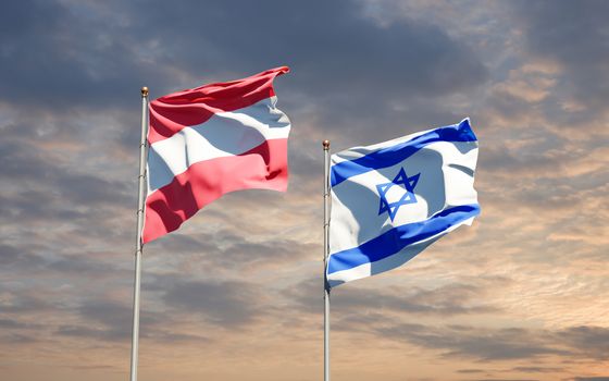 Beautiful national state flags of Israel and Austria together at the sky background. 3D artwork concept.