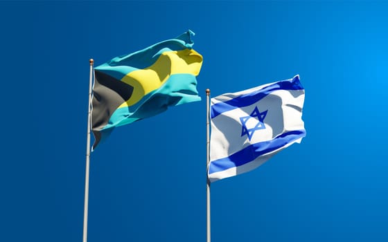 Beautiful national state flags of Israel and Bahamas together at the sky background. 3D artwork concept.
