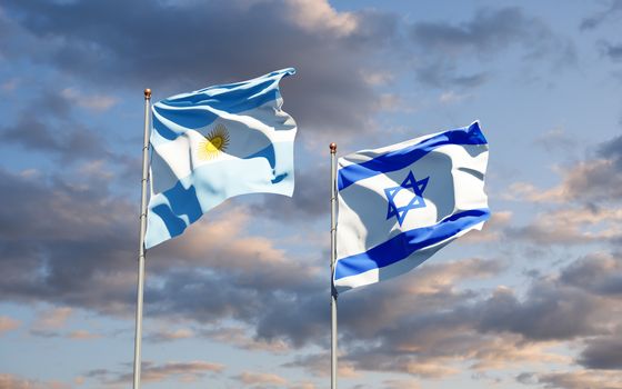Beautiful national state flags of Israel and Argentina together at the sky background. 3D artwork concept.