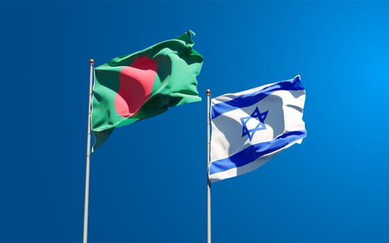 Beautiful national state flags of Israel and Bangladesh together at the sky background. 3D artwork concept.