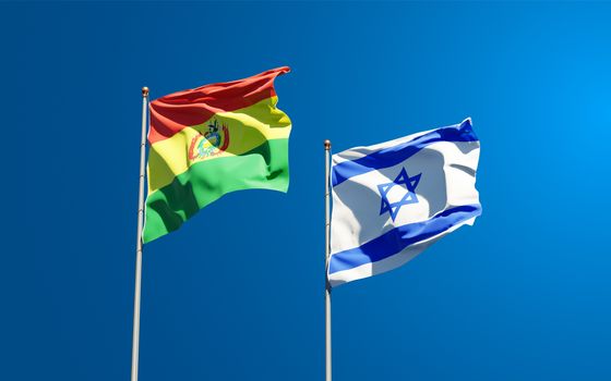 Beautiful national state flags of Israel and Bolivia together at the sky background. 3D artwork concept.