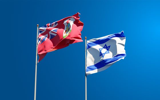 Beautiful national state flags of Israel and Bermuda together at the sky background. 3D artwork concept.