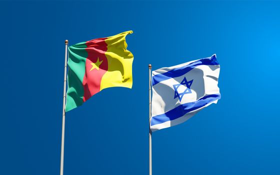 Beautiful national state flags of Israel and Cameroon together at the sky background. 3D artwork concept.