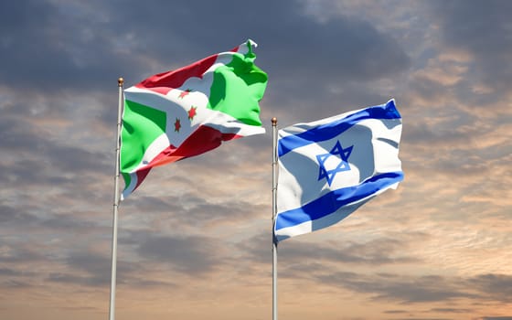 Beautiful national state flags of Israel and Burundi together at the sky background. 3D artwork concept.