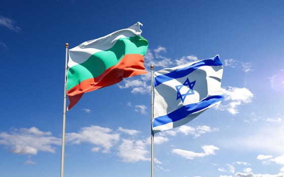 Beautiful national state flags of Israel and Bulgaria together at the sky background. 3D artwork concept.