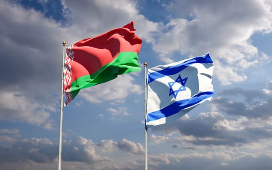 Beautiful national state flags of Israel and Belarus together at the sky background. 3D artwork concept.