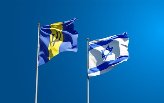 Beautiful national state flags of Israel and Barbados together at the sky background. 3D artwork concept.