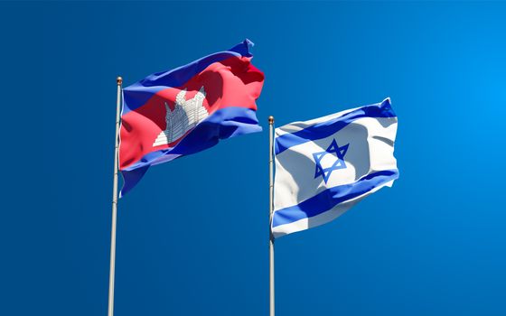 Beautiful national state flags of Israel and Cambodia together at the sky background. 3D artwork concept.