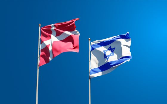 Beautiful national state flags of Denmark and Israel together at the sky background. 3D artwork concept.