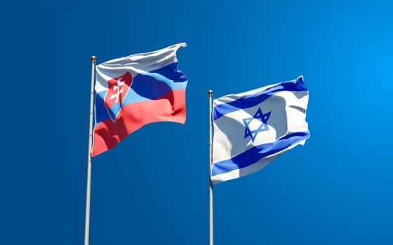 Beautiful national state flags of Slovakia and Israel together at the sky background. 3D artwork concept.