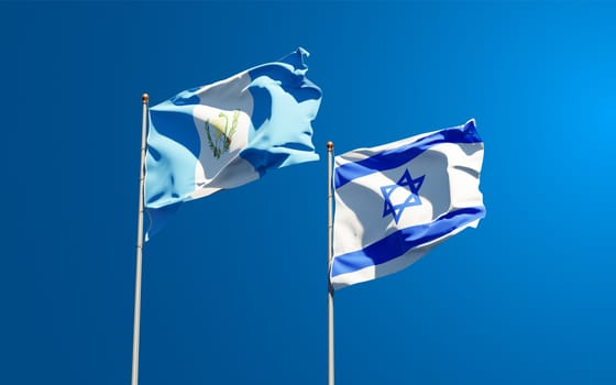 Beautiful national state flags of Guatemala and Israel together at the sky background. 3D artwork concept.