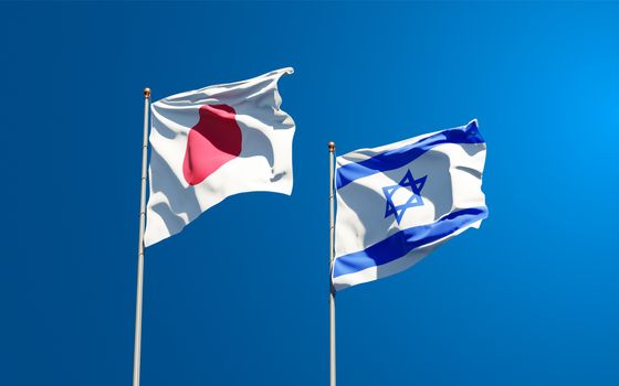 Beautiful national state flags of Japan and Israel together at the sky background. 3D artwork concept.