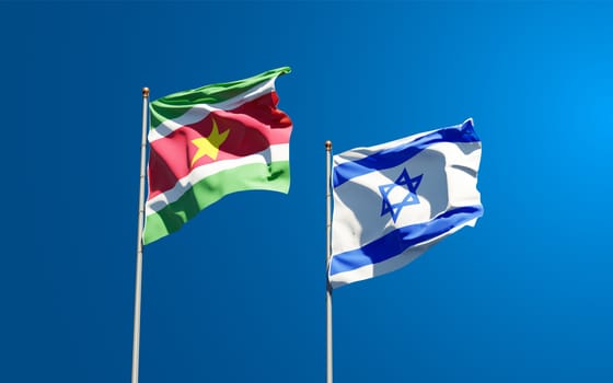 Beautiful national state flags of Suriname and Israel together at the sky background. 3D artwork concept.