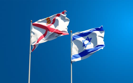 Beautiful national state flags of Jersey and Israel together at the sky background. 3D artwork concept.