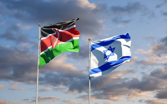Beautiful national state flags of Kenya and Israel together at the sky background. 3D artwork concept.