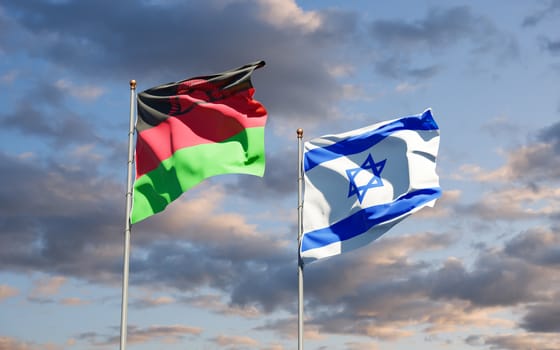 Beautiful national state flags of Malawi and Israel together at the sky background. 3D artwork concept.