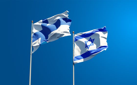 Beautiful national state flags of Finland and Israel together at the sky background. 3D artwork concept.