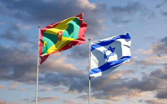 Beautiful national state flags of Grenada and Israel together at the sky background. 3D artwork concept.