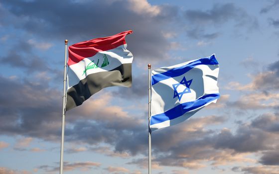 Beautiful national state flags of Iraq and Israel together at the sky background. 3D artwork concept.