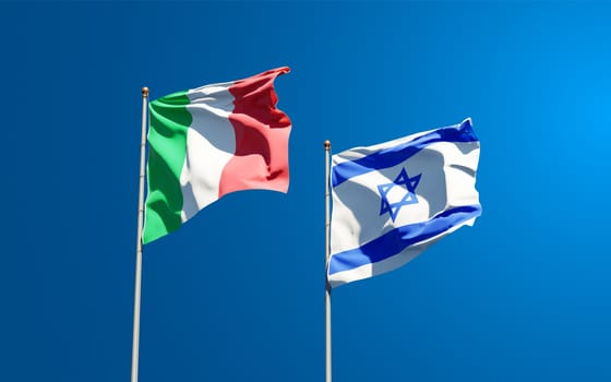Beautiful national state flags of Italy and Israel together at the sky background. 3D artwork concept.