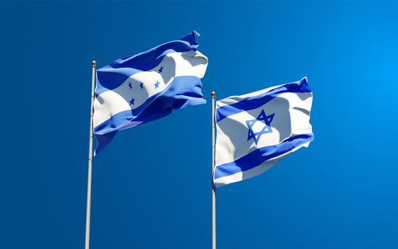 Beautiful national state flags of Honduras and Israel together at the sky background. 3D artwork concept.
